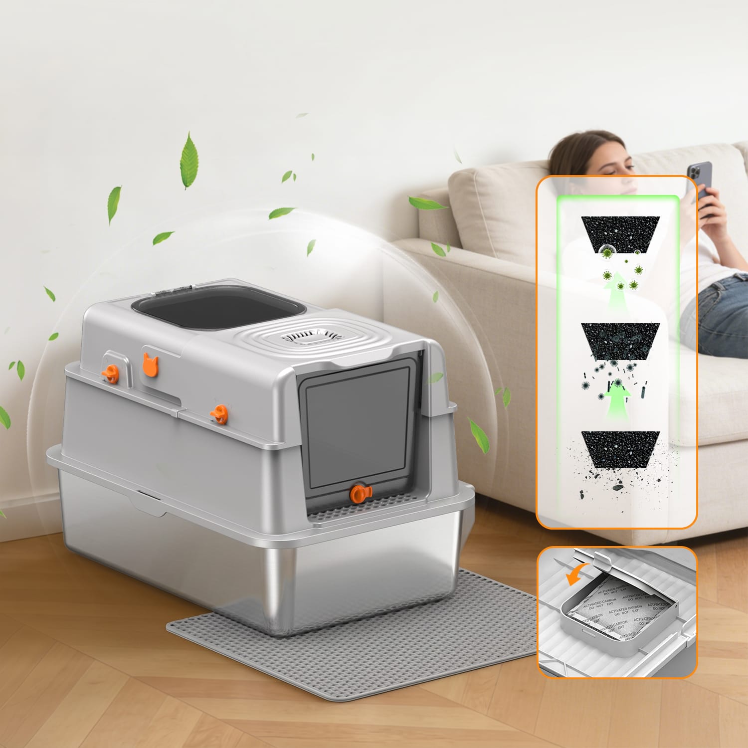 Furrbby 3-in-1 Stainless Steel Litter Box with Odor Control System, Keep Your Home Fresh & Clean