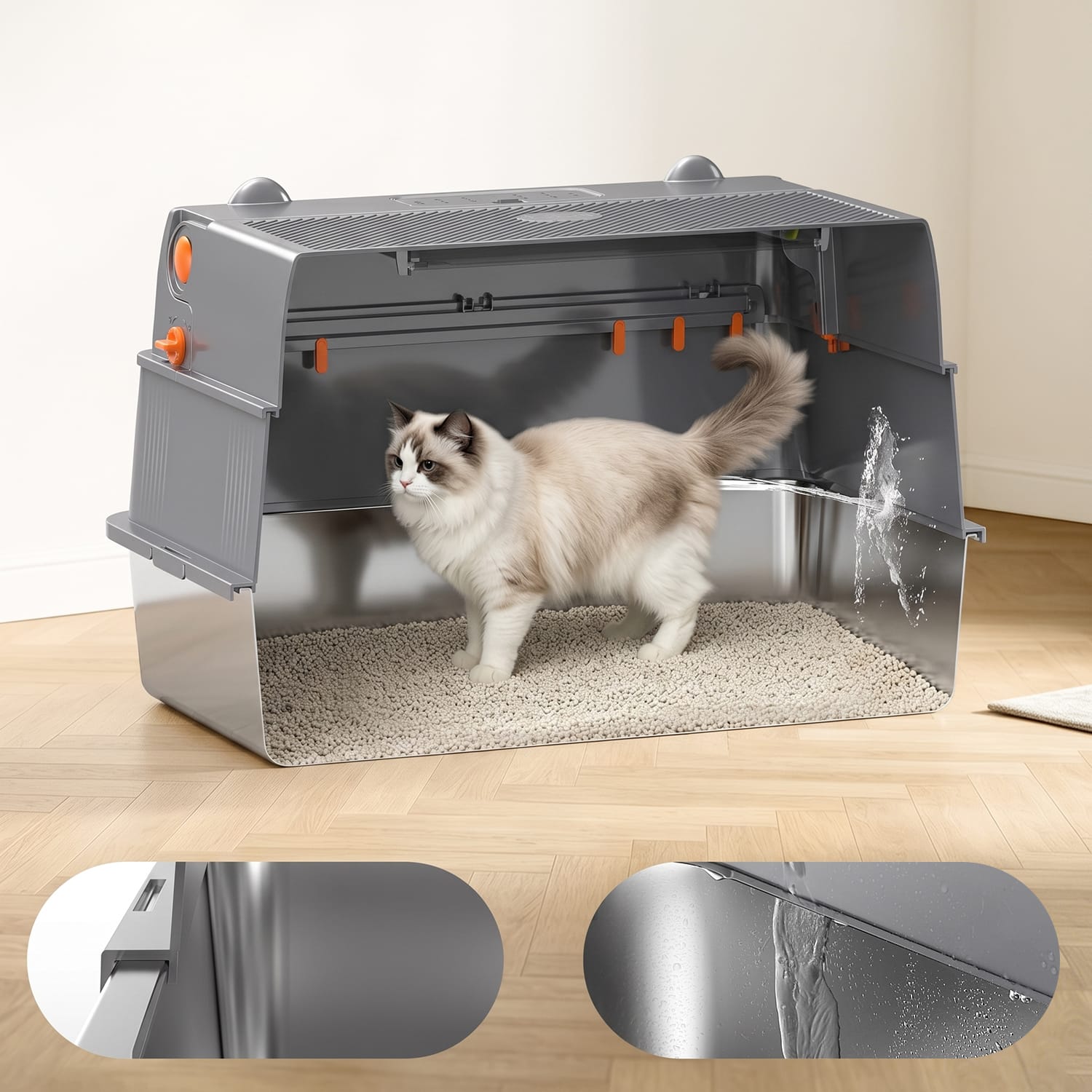 Furrbby Stainless Steel Litter Box cat ear fliptop cutaway display, fully waterproof rustproof tray easy to rinse clean