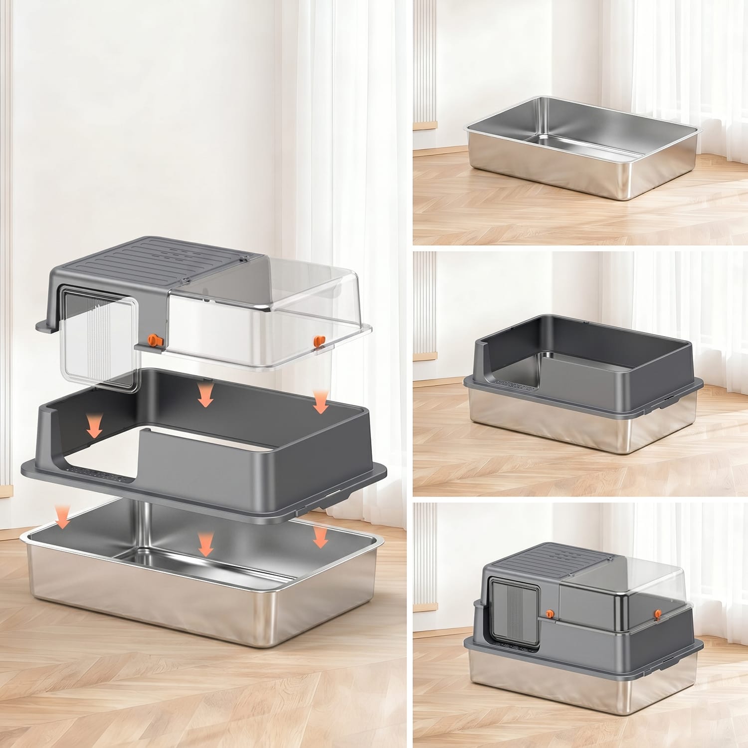Furrbby XXL Stainless Steel Cat Litter Box, Detachable 3-in-1 Design