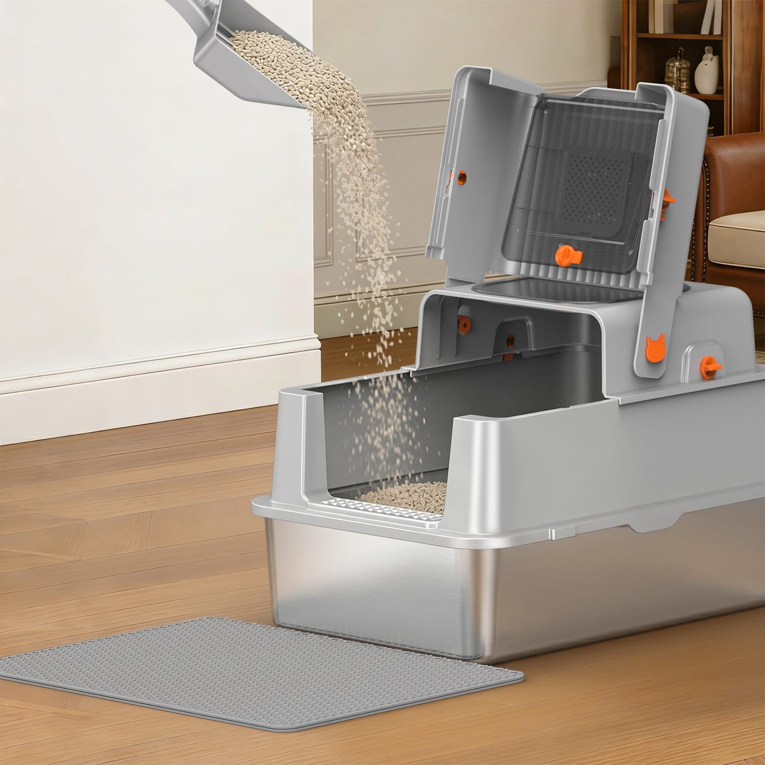 Furrbby XXL Stainless Steel Litter Box with Open Flip-Top, Hassle-Free Litter Pouring & Refilling