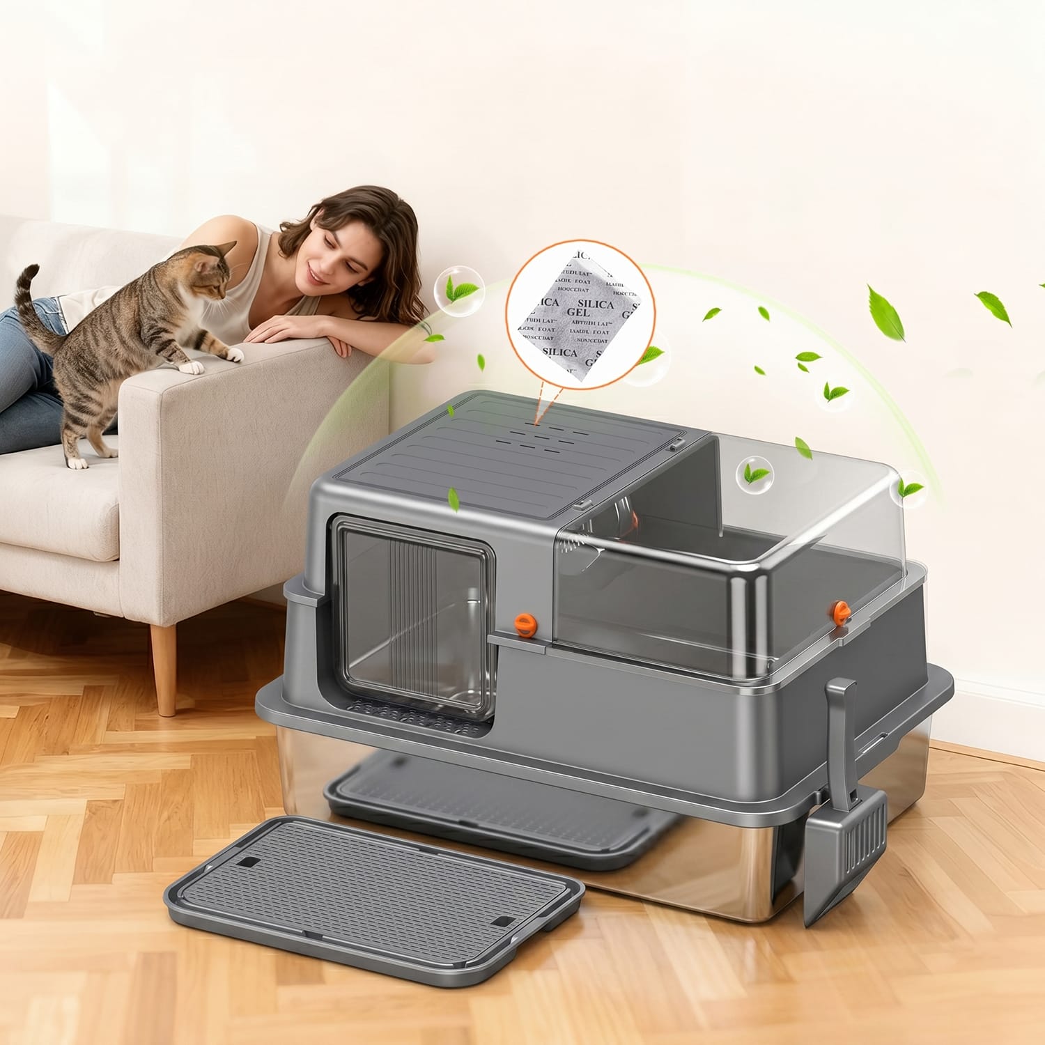 Furrbby XXL Stainless Steel Litter Box with Clear Window, Deodorizing Design and Anti-Tracking Mat