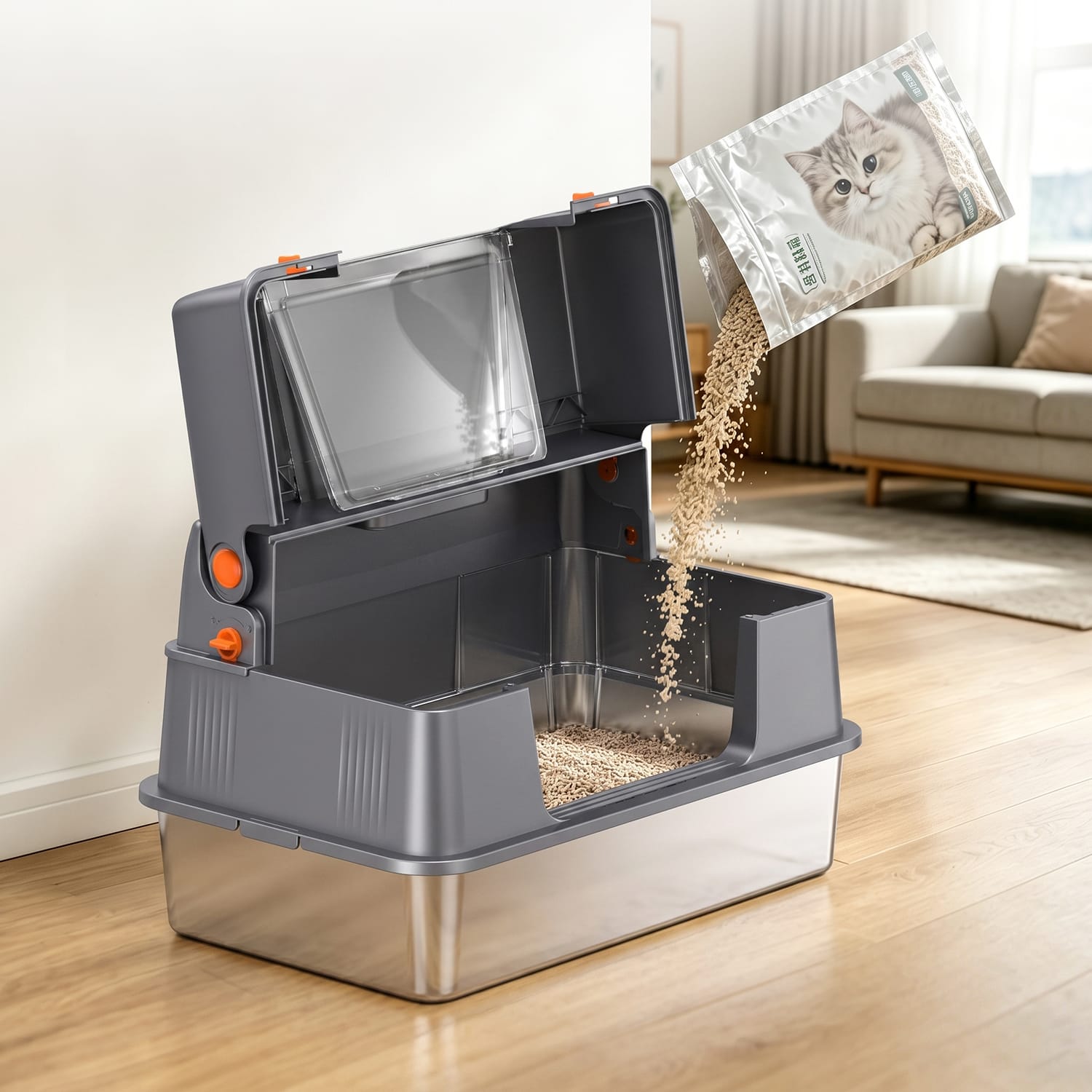 Furrbby open cat ear fliptop XXL Stainless Steel Litter Box easy litter filling indoor cat toilet
