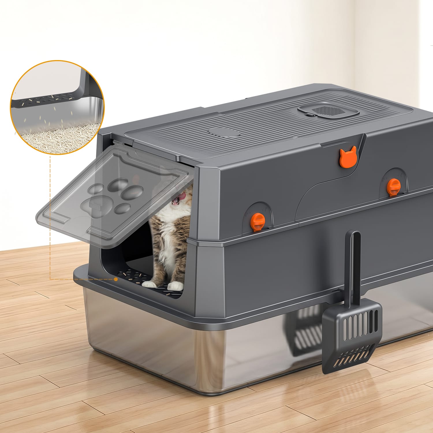 Furrbby Stainless Steel Litter Box with Built-In Track Mat, Prevents Litter Tracking & Keeps Floors Clean