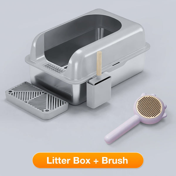 XL Front Entry Stainless Steel Litter Box & Grooming Brush Bundle