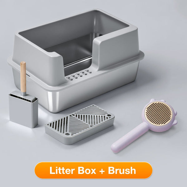 XL Side Entry Stainless Steel Litter Box & Grooming Brush Bundle