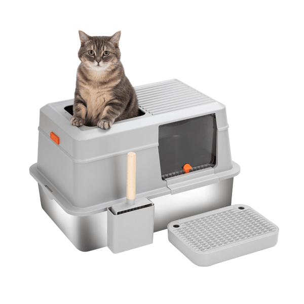 Furrbby Enclosed Stainless Steel Litter Box with Dual Entry, Cat Using Top Opening