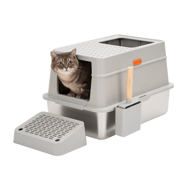 Furrbby Stainless Steel Cat Litter Box with Side & Top Entrances, Odor Control