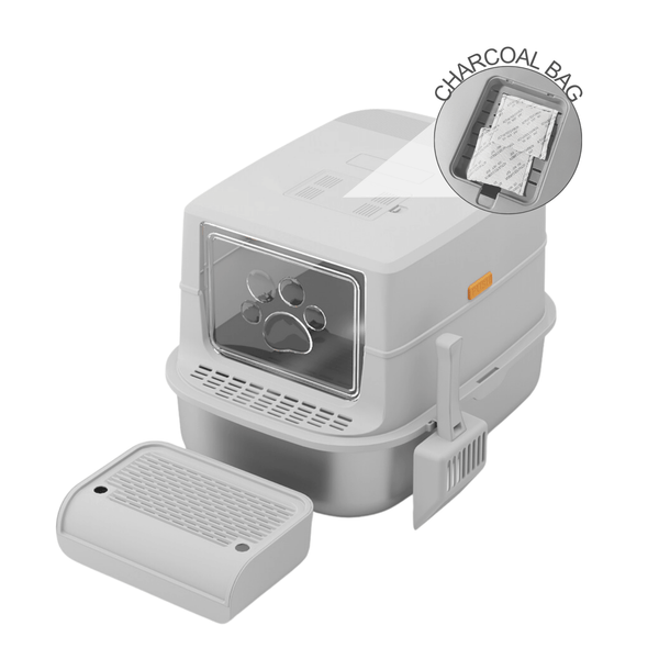 Furrbby Enclosed Stainless Steel Litter Box with Charcoal Filter & Anti-Tracking Step