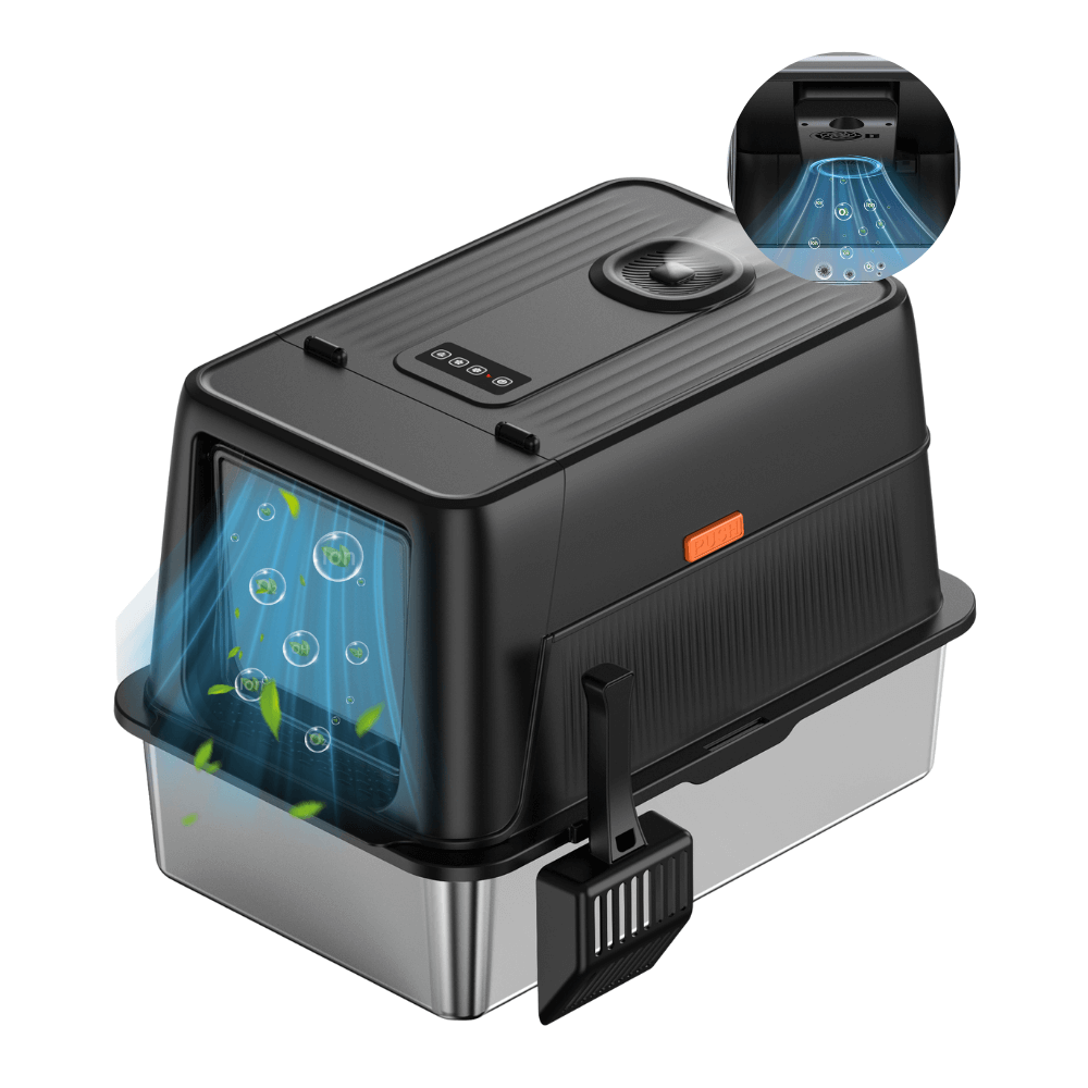 Stainless steel litter box with smart deodorizer and large capacity for multi-cat households.