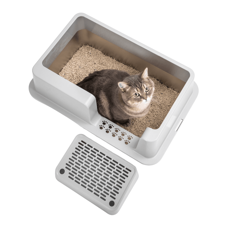 A modern stainless steel cat litter box.