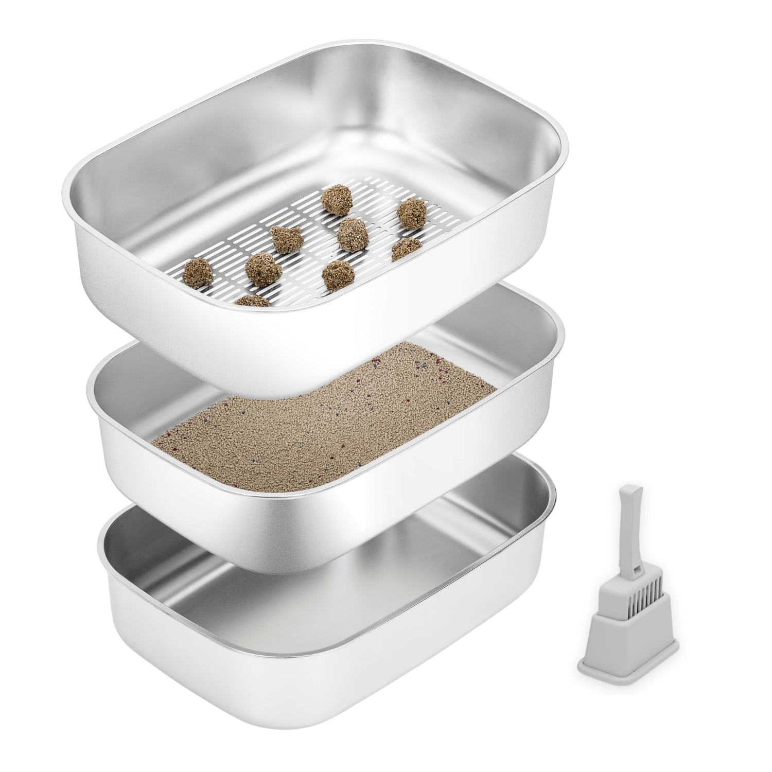XL Stainless Steel Sifting Litter Box for Regular Clumping Litter (Triple Pans)