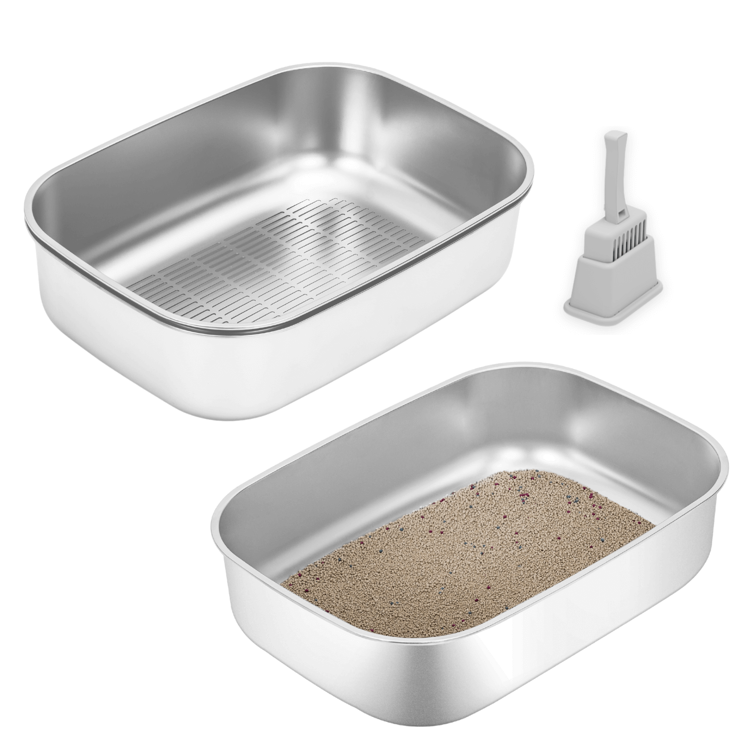 XL Stainless Steel Sifting Litter Box for Regular Clumping Litter (Triple Pans)