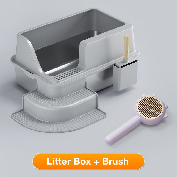 XL Corner Entry Stainless Steel Litter Box with Stair & Grooming Brush Bundle