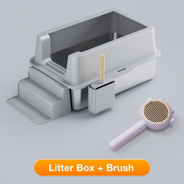 XL Front Entry Stainless Steel Litter Box with Stair & Grooming Brush Bundle