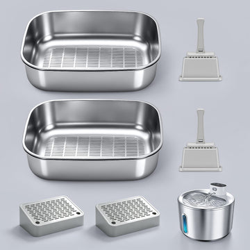 Furrbby Stainless Steel Litter Box Double Bundle with Water Fountain